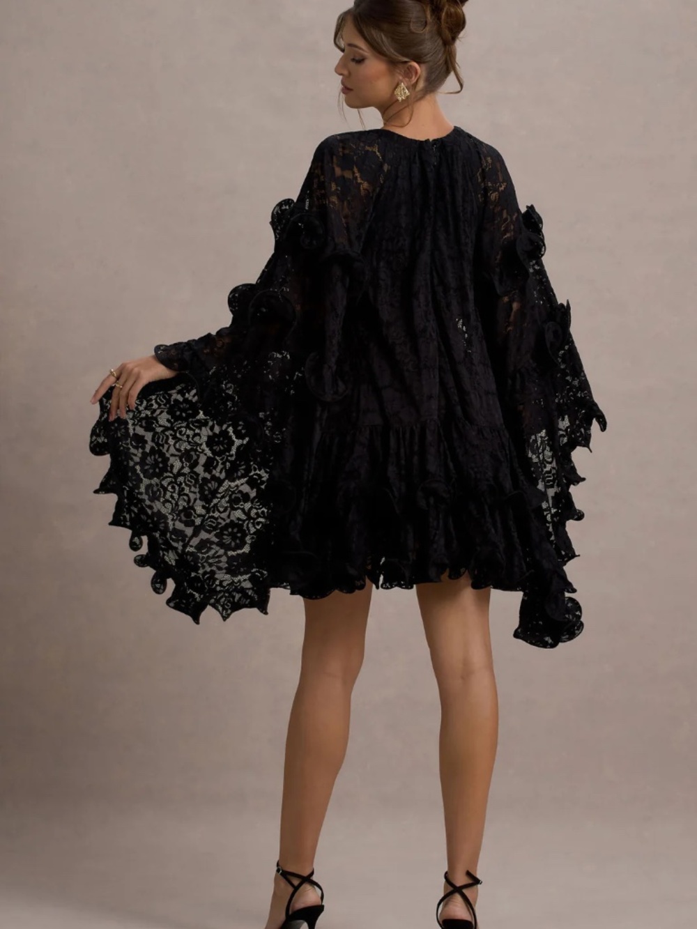 Club L ARLINGTON BLACK LACE CAPE-SLEEVE MINI DRESS